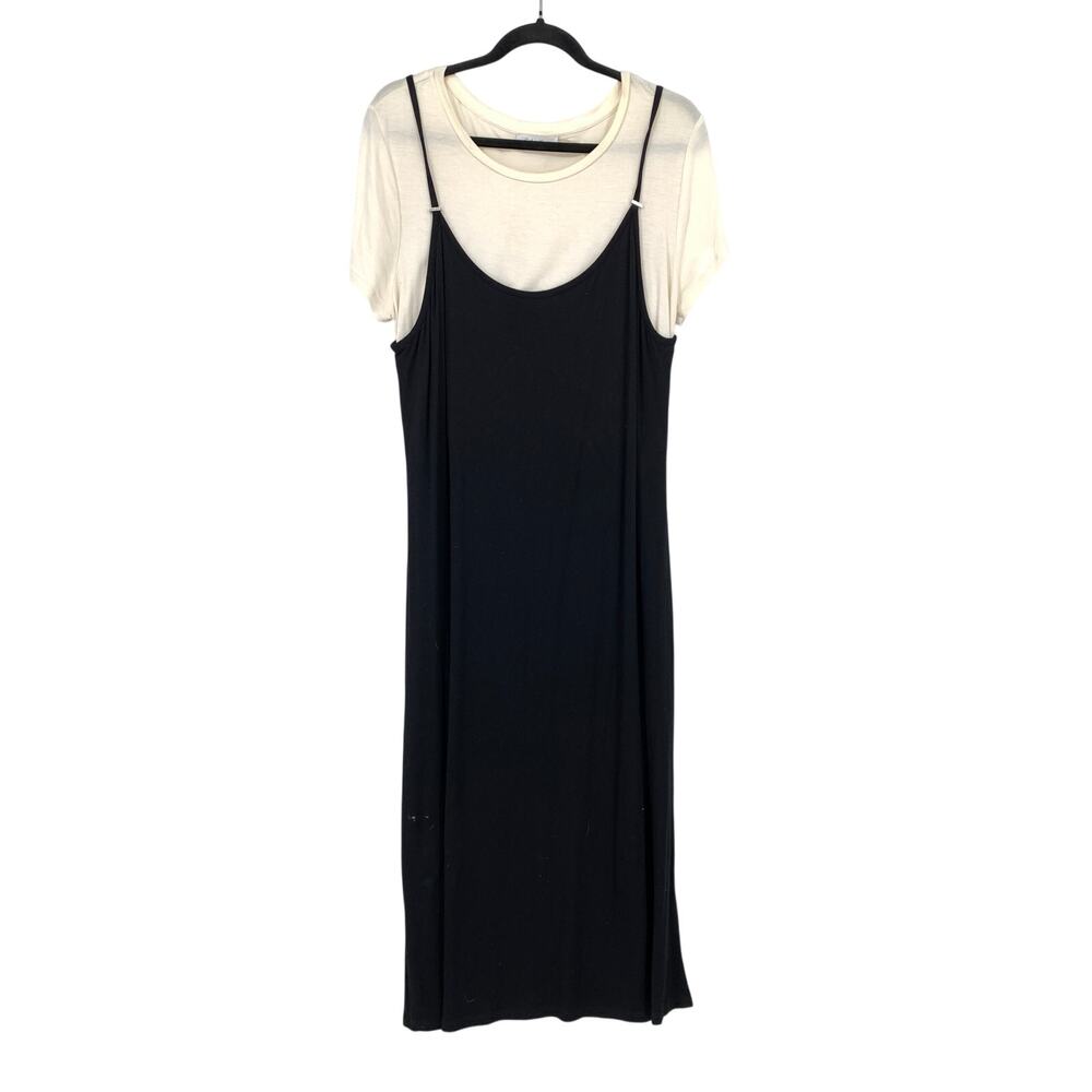 Calvin Klein Jersey Knit Midi Layered T-Shirt Dress Womens Sz Large Cream Black
